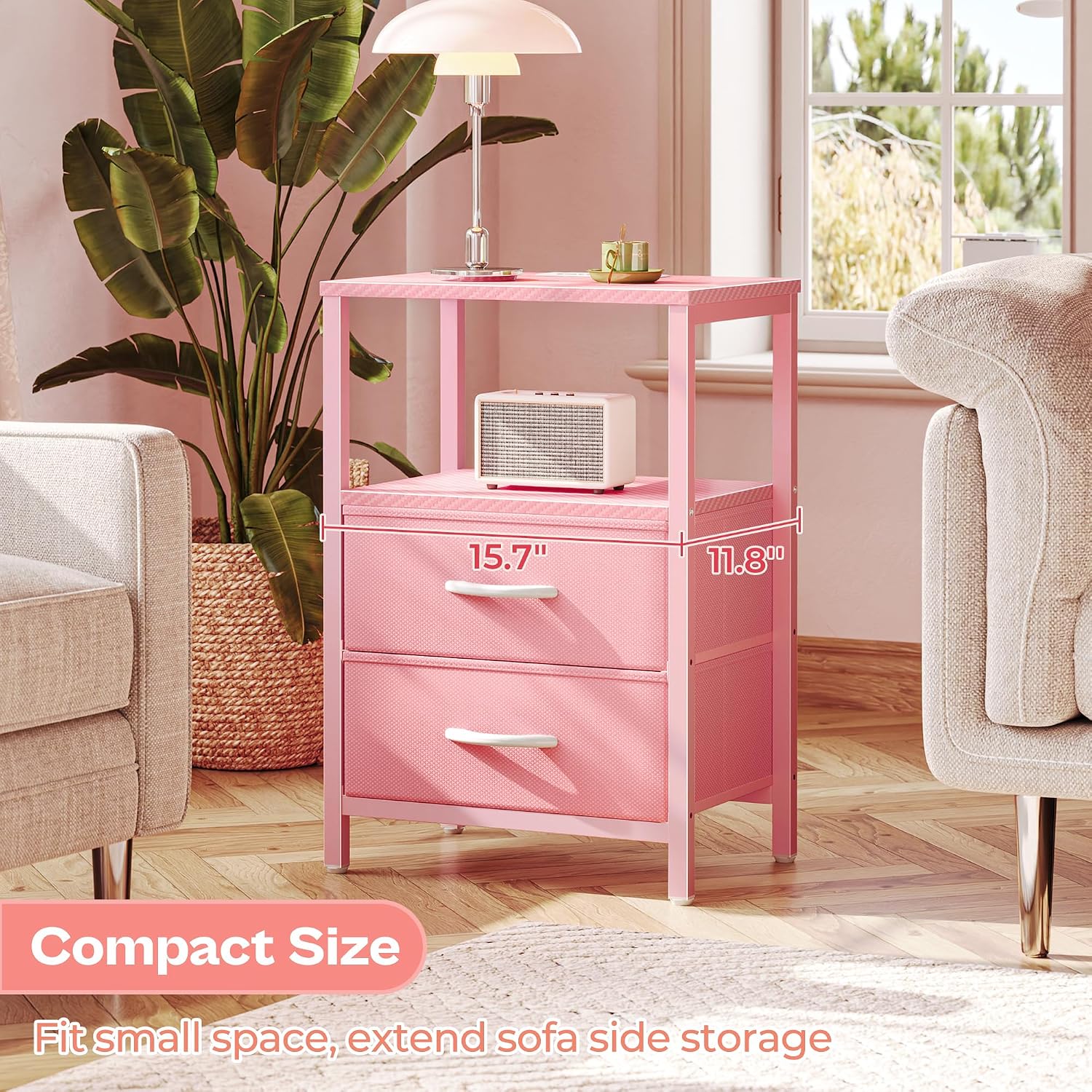 Huuger Nightstand with Charging Station, Side Table with Fabric Drawers, End Table with Open Shelf, Bedside Table with USB Ports and Outlets, Night Stand for Bedroom, Pink