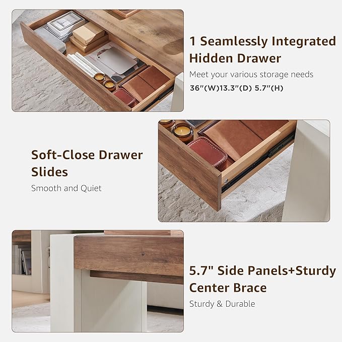 OKD 48" Modern Farmhouse Coffee Table, Wooden Living Room Table with Hidden Storage Drawer, Rustic Rectangular Center Tables with Wood Thick Design for Living Room, Office, Antique White