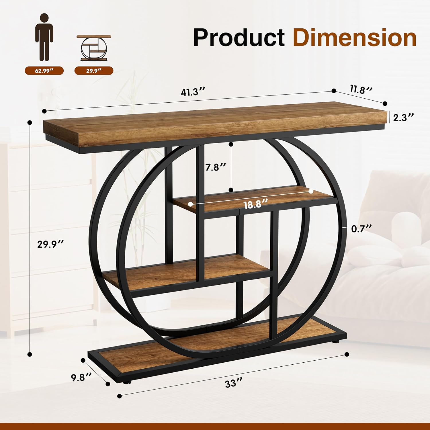 Vongrasig Console Table with Circle Base, Industrial Narrow Entryway Table with Storage, 4-Tier Wood Sofa Table for Living Room, Hallway, Rustic Brown