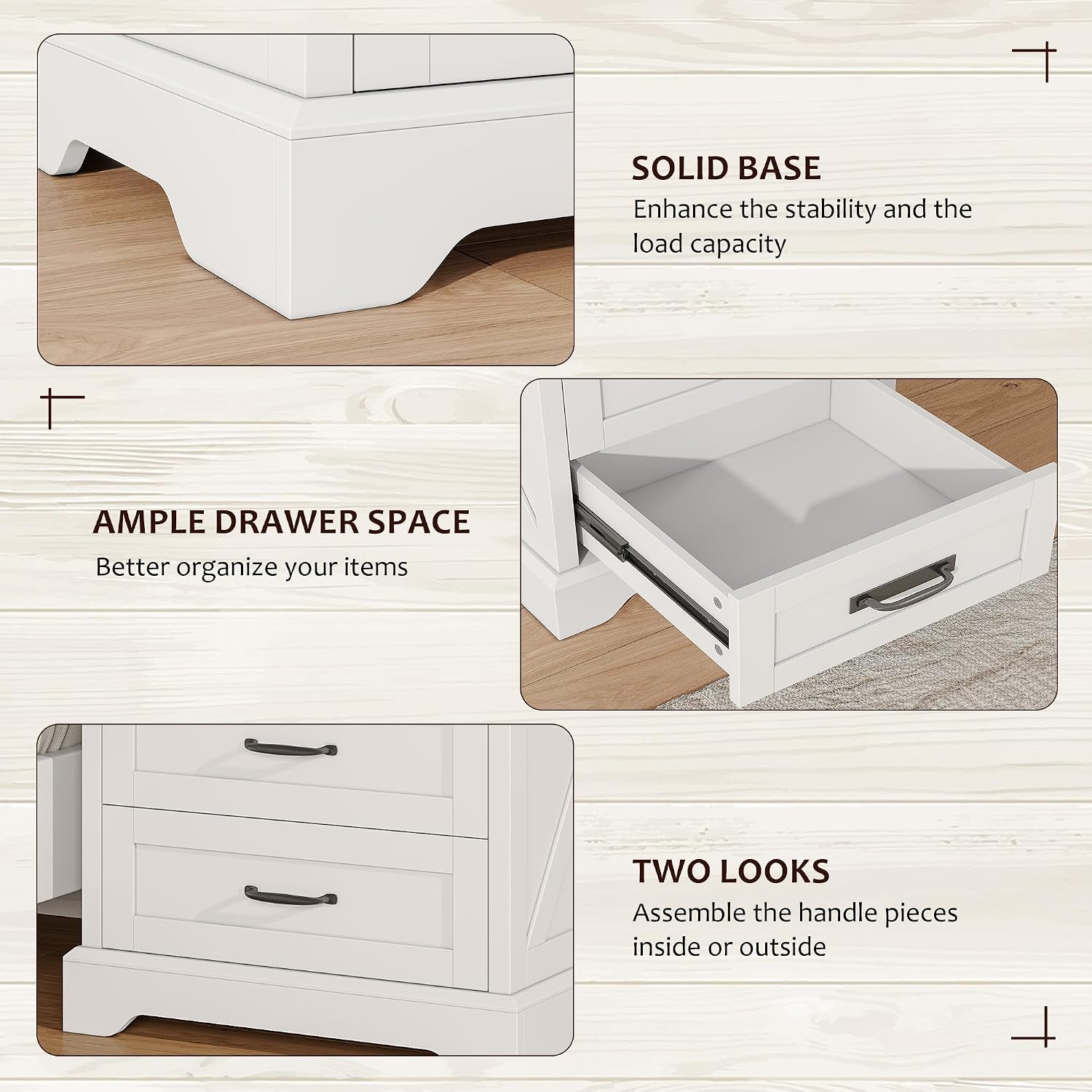 Whalefall 3 Drawers Farmhouse Nightstand with Charging Station, White | 22'' Wide Bedside Table for Bedroom, Large End Table with Storage for Living Room, Wooden Pedestal