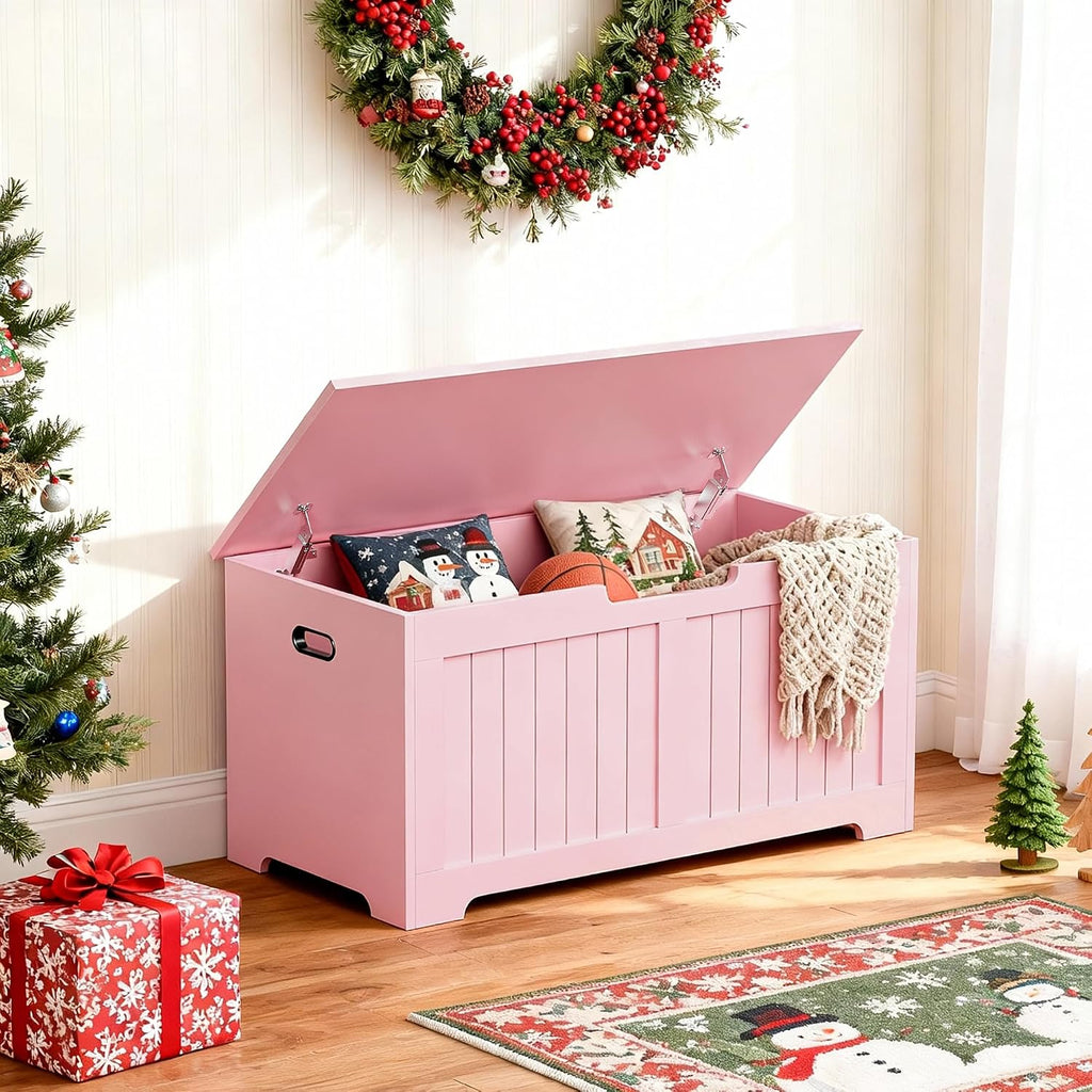 SUPER DEAL Storage Chest, 39 inches Chest Box Organizer with 2 Safety Hinges, Wooden Entryway Shoe Organizer Storage Bench, Pink