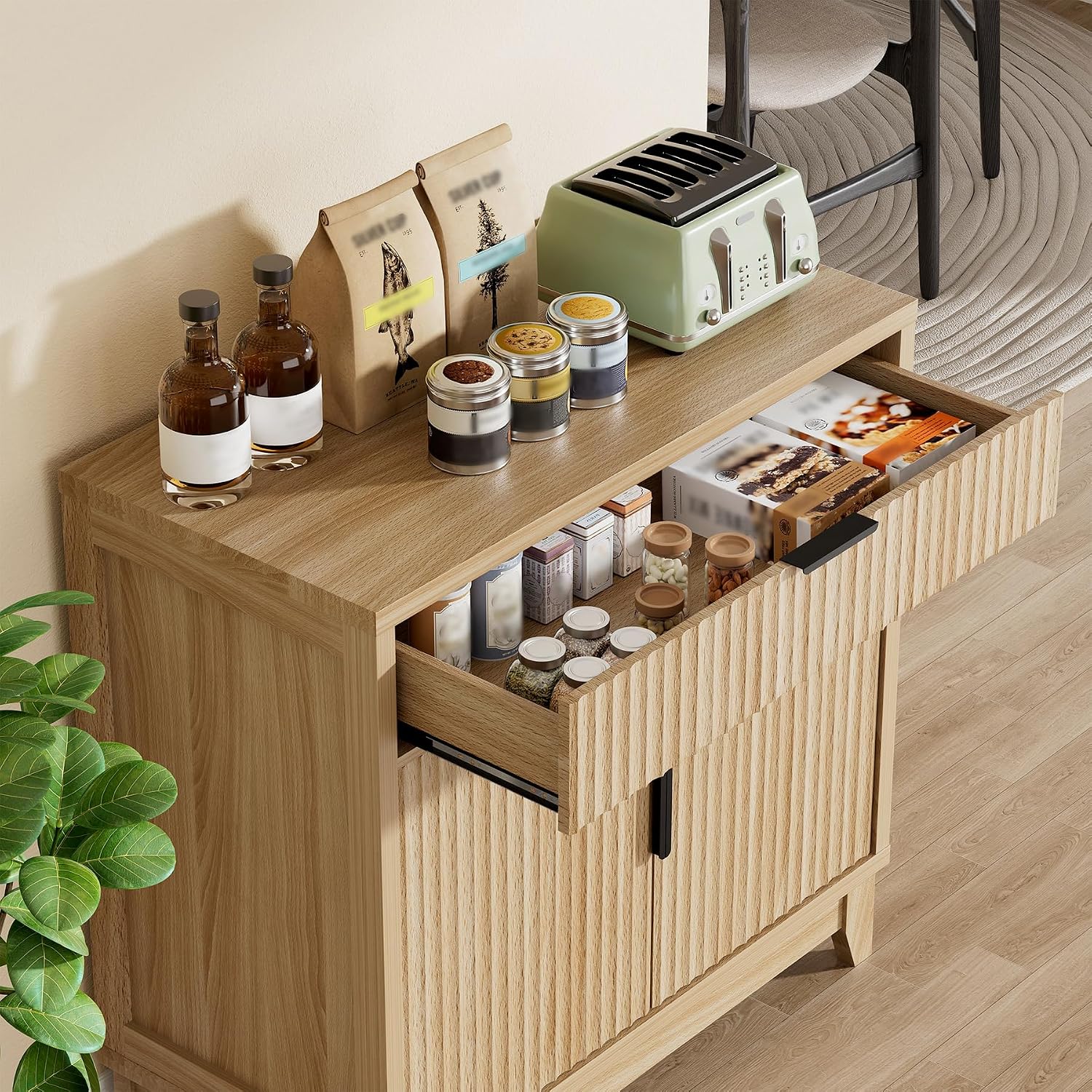 Vabches Fluted Sideboard Buffet Cabinet with Storage, 32" Coffee Bar Console Table with Drawer, Fluted Doors & Adjustable Shelf, Wood Small Buffet Cabinet for Living Room, Kitchen Dining Room, Oak