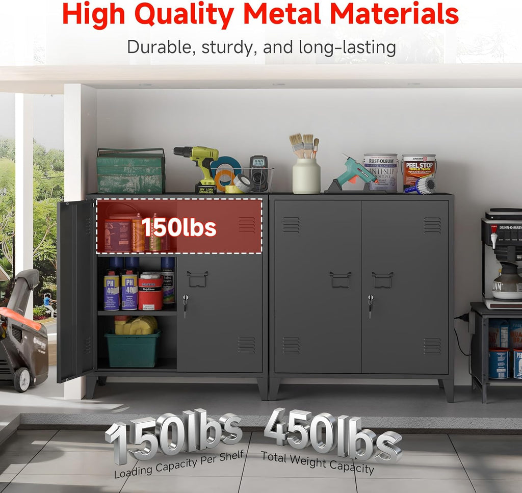 35.4”H Metal Storage Cabinet with Locking Doors and 2 Adjustable Shelves, Garage Storage Cabinet with Lock & Keys for Home School Office (Black)