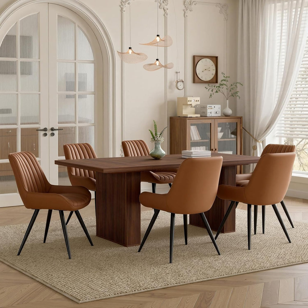 Miereirl 7-Piece Modern Farmhouse Dining Table Set with 6 Chairs, Sturdy Stable Dining Room Furniture with Soft Padded Upholstered Dining Chairs (Walnut Table + 6 Brown Chairs)