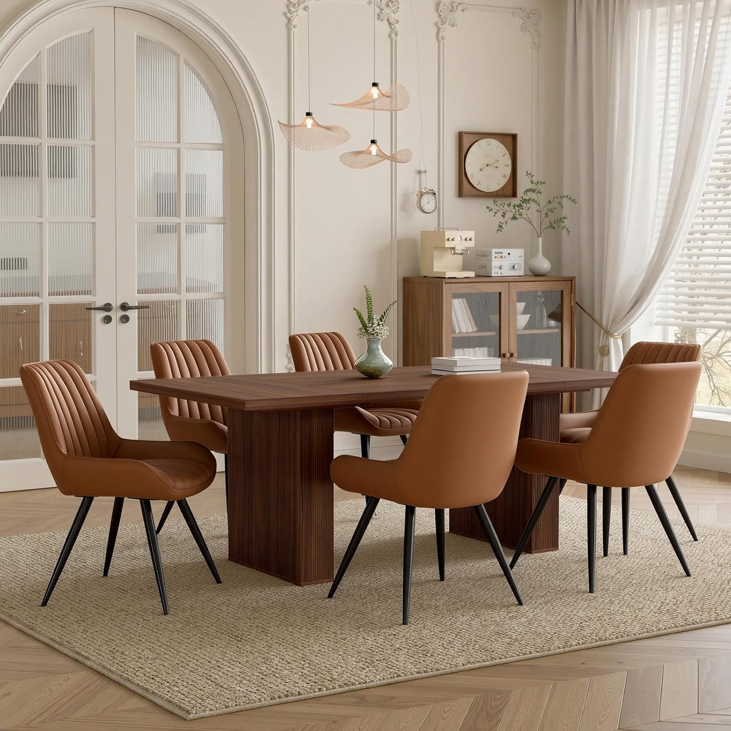 Miereirl 7-Piece Modern Farmhouse Dining Table Set with 6 Chairs, Sturdy Stable Dining Room Furniture with Soft Padded Upholstered Dining Chairs (Walnut Table + 6 Brown Chairs)