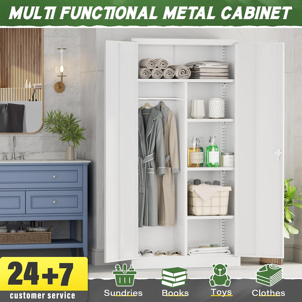 Greenvelly Metal Wardrobe Closet with Doors and Shelves,72" Armoire Wardrobe Closet for Hanging Clothes for Office, Bedroom, Laundry Room, School, Employee,Gym(White)