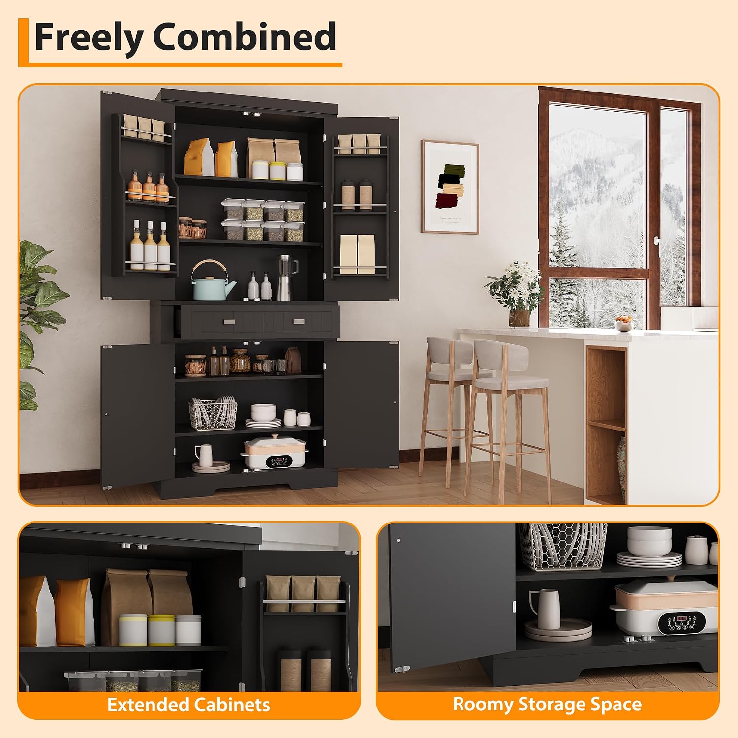 IDEALHOUSE 72" Kitchen Pantry Cabinet with Drawer, Doors and Shelves, Wood Farmhouse Storage Cabinet, Large Storage Cupboard for Living Room, Dining Room(Black)