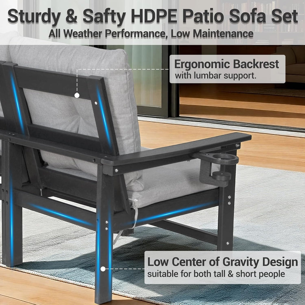 HDPE Patio Armchairs Set of 2 w/Cup Holeder, Outdoor Sectional Couch w/Thick Gray Cushions, Deep Seating Single Sofa for Garden, Deck, Front Porch, Grey