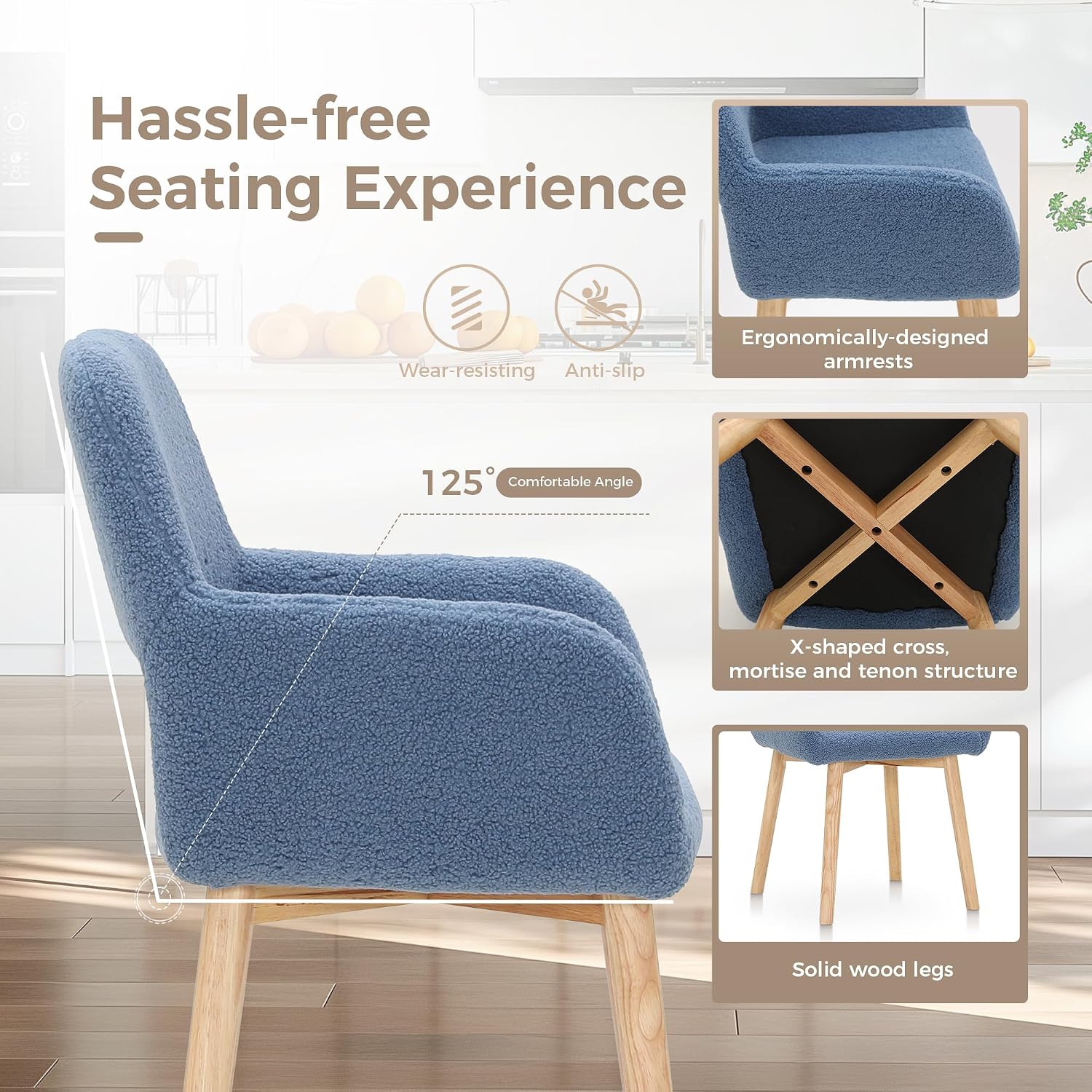 MAISON ARTS Mid Century Modern Dining Chairs with Arms Set of 2, Comfy Accent Chair with Solid Wood Legs Upholstered Kitchen Dining Room Chairs Lounge Chairs for Living Room Bedroom, Blue, 2pcs