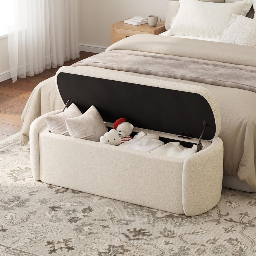 VKNOW 51" Storage Ottoman Bench, Upholstered End of Bed Bench with Smooth Hinges, Oval Large Ottoman Bench for Bedroom, Living Room and Hallway Entryway, Beige