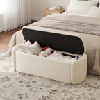 VKNOW 51" Storage Ottoman Bench, Upholstered End of Bed Bench with Smooth Hinges, Oval Large Ottoman Bench for Bedroom, Living Room and Hallway Entryway, Beige