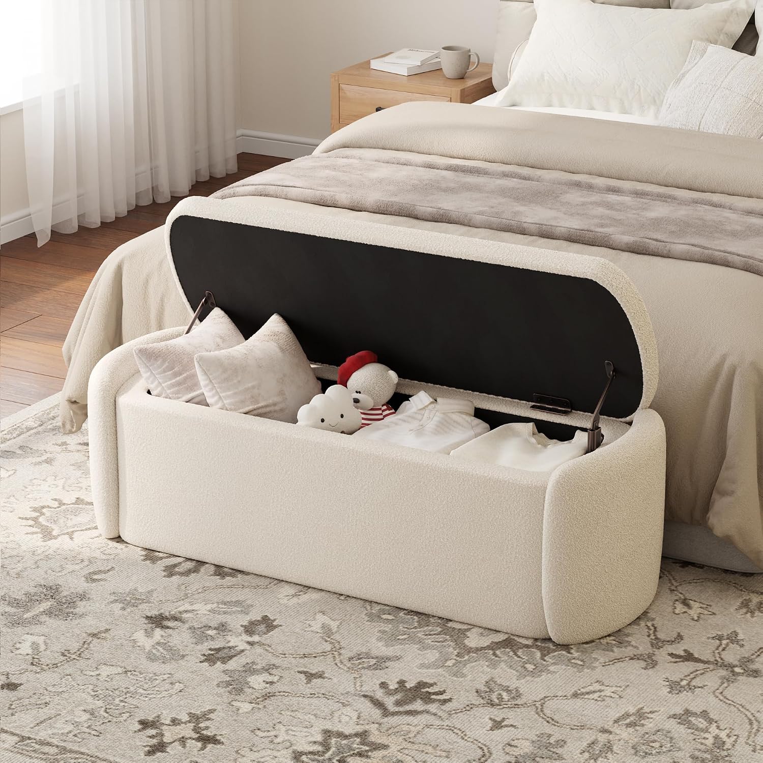 VKNOW 51" Storage Ottoman Bench, Upholstered End of Bed Bench with Smooth Hinges, Oval Large Ottoman Bench for Bedroom, Living Room and Hallway Entryway, Beige