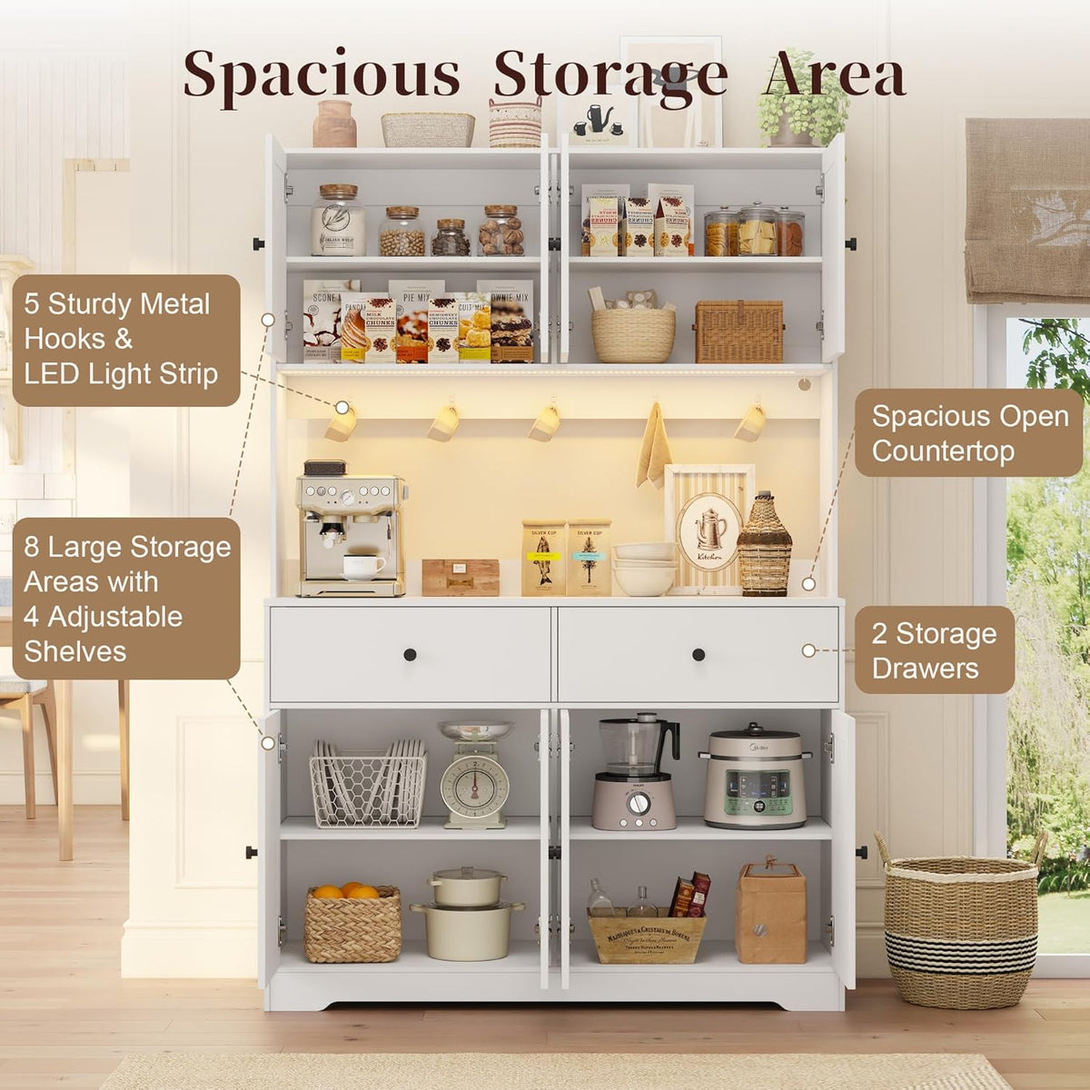 71" Kitchen Pantry Cabinet with Charging Station, Pantry Storage Cabinet Farmhouse Kitchen Hutch with Microwave Stand, Coffee Bar Station with Doors and Adjustable Shelves for Kitchen, White