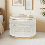Round Storage Ottoman with Tray Lid, Folding Chenille Fabric Footrest with Hidden Storage, 22.8" Large Footstool Side Table for Dorm Living Room Bedroom, Wood Grain Base, Cream White