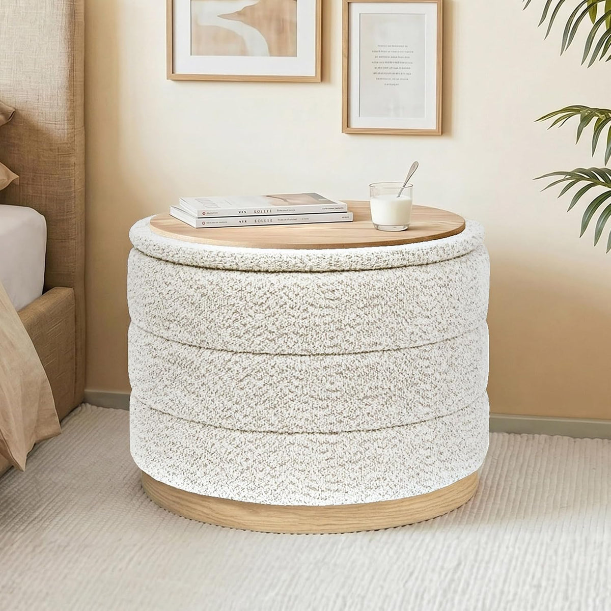 Round Storage Ottoman with Tray Lid, Folding Chenille Fabric Footrest with Hidden Storage, 22.8" Large Footstool Side Table for Dorm Living Room Bedroom, Wood Grain Base, Cream White