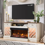 OKD 75 Inch 3-Sided Electric Fireplace TV Stand for TVs up to 85'',Modern Highboy Entertainment Center with 36" Fireplace & LED Lights,Widen Drawers and Glass Door Storage Cabinet, Antique White