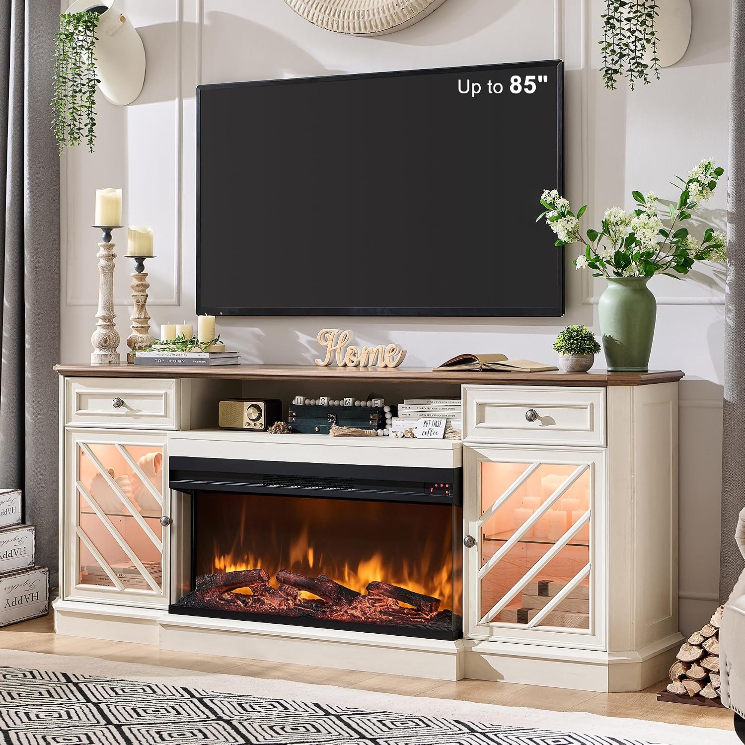 OKD 75 Inch 3-Sided Electric Fireplace TV Stand for TVs up to 85'',Modern Highboy Entertainment Center with 36" Fireplace & LED Lights,Widen Drawers and Glass Door Storage Cabinet, Antique White