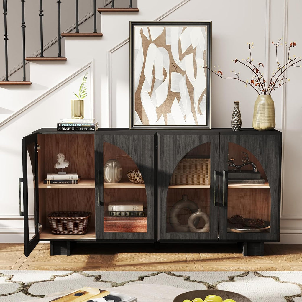 JOINICE Sideboard Buffet Cabinet with Storage,63” Modern Accent Console Cabinet with Glass Doors,Arched Credenza Storage Cabinet with Adjustable Shelves for Entryway,Kitchen,Black