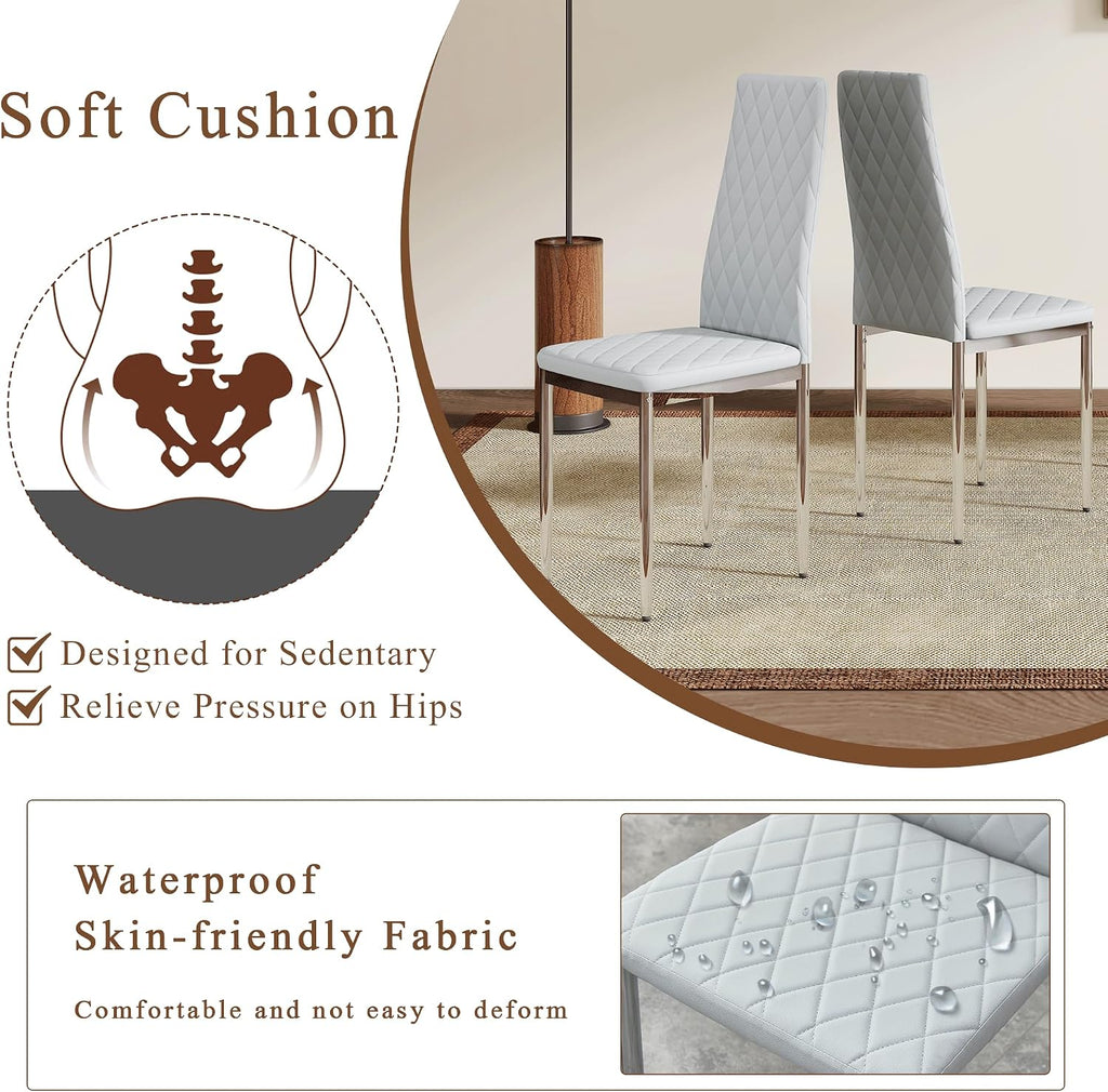 Dining Chairs Set of 6, Gray PU Leather, High Back, Silver Legs | Modern upholstered high-back kitchen chairs with padded seats for dining rooms, restaurants, apartments