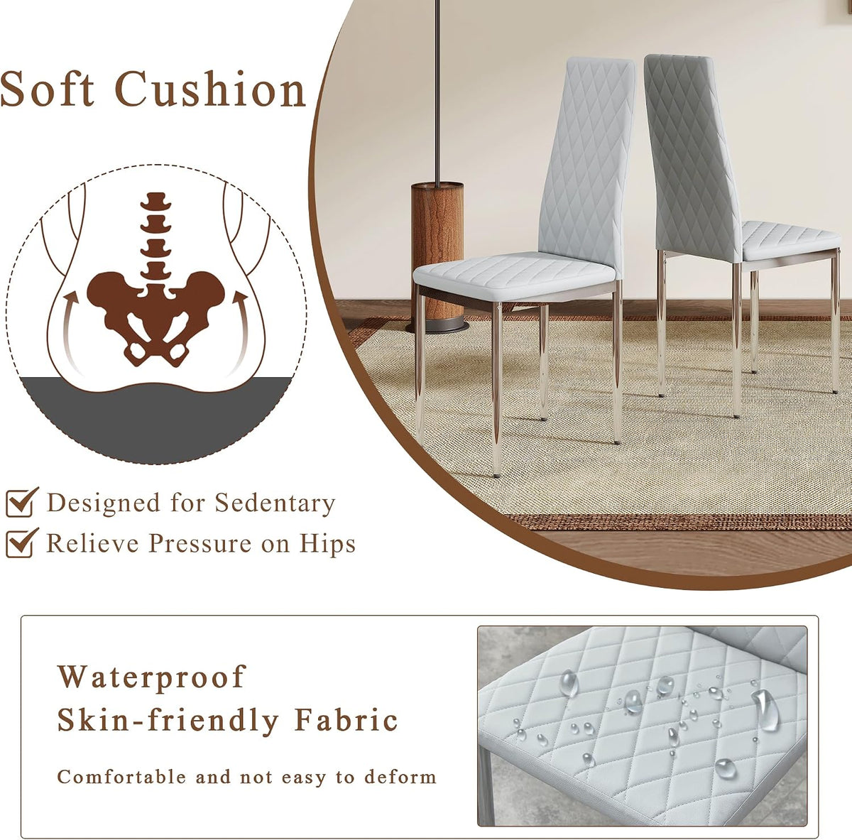 Dining Chairs Set of 6, Gray PU Leather, High Back, Silver Legs | Modern upholstered high-back kitchen chairs with padded seats for dining rooms, restaurants, apartments