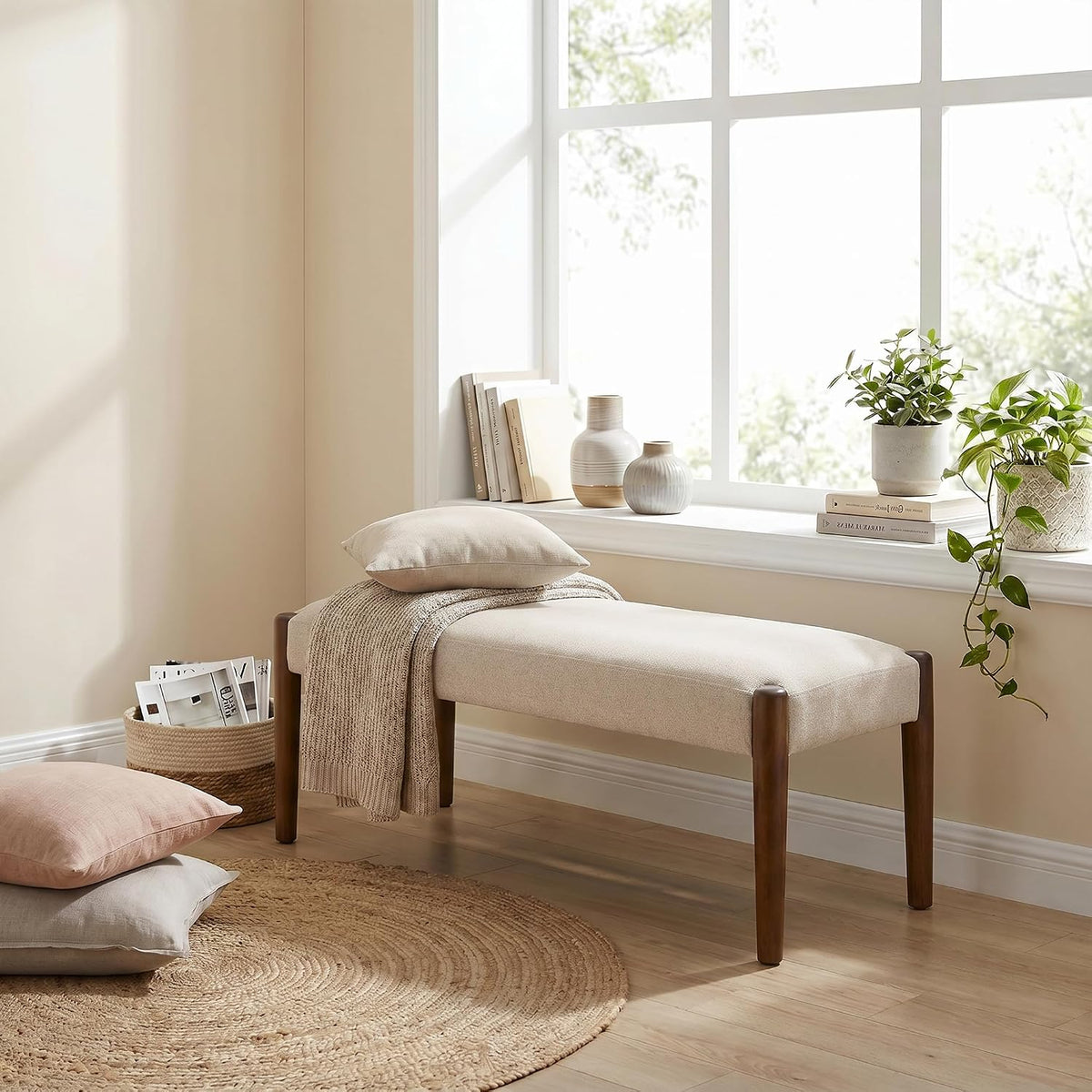 Usaint 42" End of Bed Bench with Wood Legs, Beige with Walnut Leg | Modern Upholstered Bedroom Bench with Rubberwood Legs, Entryway Bench with Cushion, Dining Bench for Living Room, Bedroom