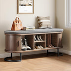 Decofy Shoe Storage Bench with Cushion and Sliding Doors, 47.2 Inch Shoe Bench with Storage, Freestanding Entryway Bench with Storage, Sturdy Metal Feet, for Hallway & Entrance Hall, Walnut