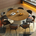 59” Modern Round Dining Table, Featuring a Decorative parquet Wood Veneer Tabletop paired with a Sturdy Cylindrical Base Structure, Suitable for Kitchen, Family Dining Room.