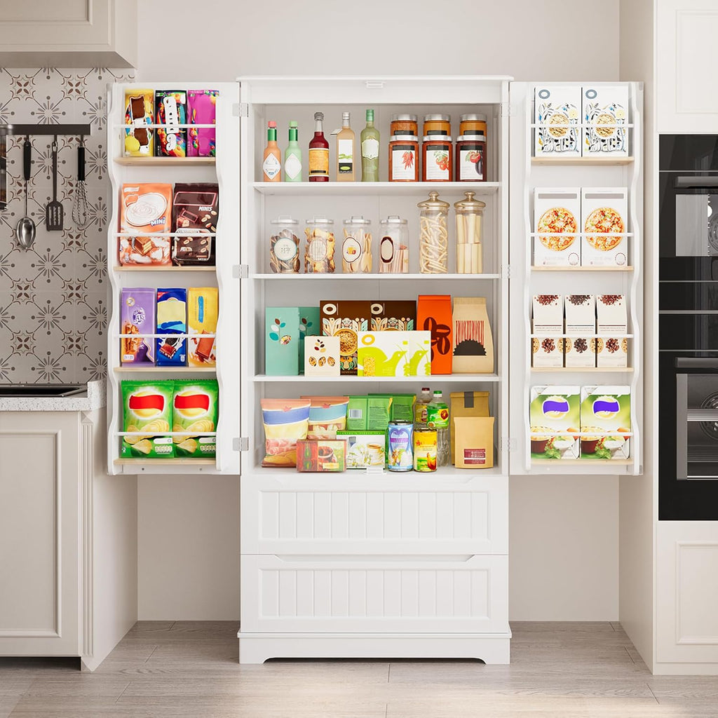 Gizoon 71" Tall Kitchen Pantry Cabinet with Drawers for Dining Room, Food Pantry Storage Cabinet with 8 Doors Shelves for Snack and Spice, Large Craft Storage Cabinet for Craft Room, White, Painted