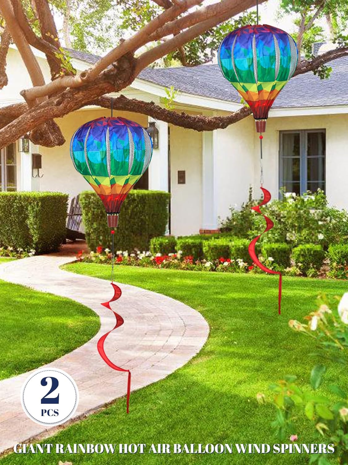 2PCS Giant Rainbow Hot Air Balloon Wind Spinners 14" W x 59" H Large Multicolor Whirligig Wind Spinner Hanging Ornaments for Yard Garden Lawn Outdoor Decorations