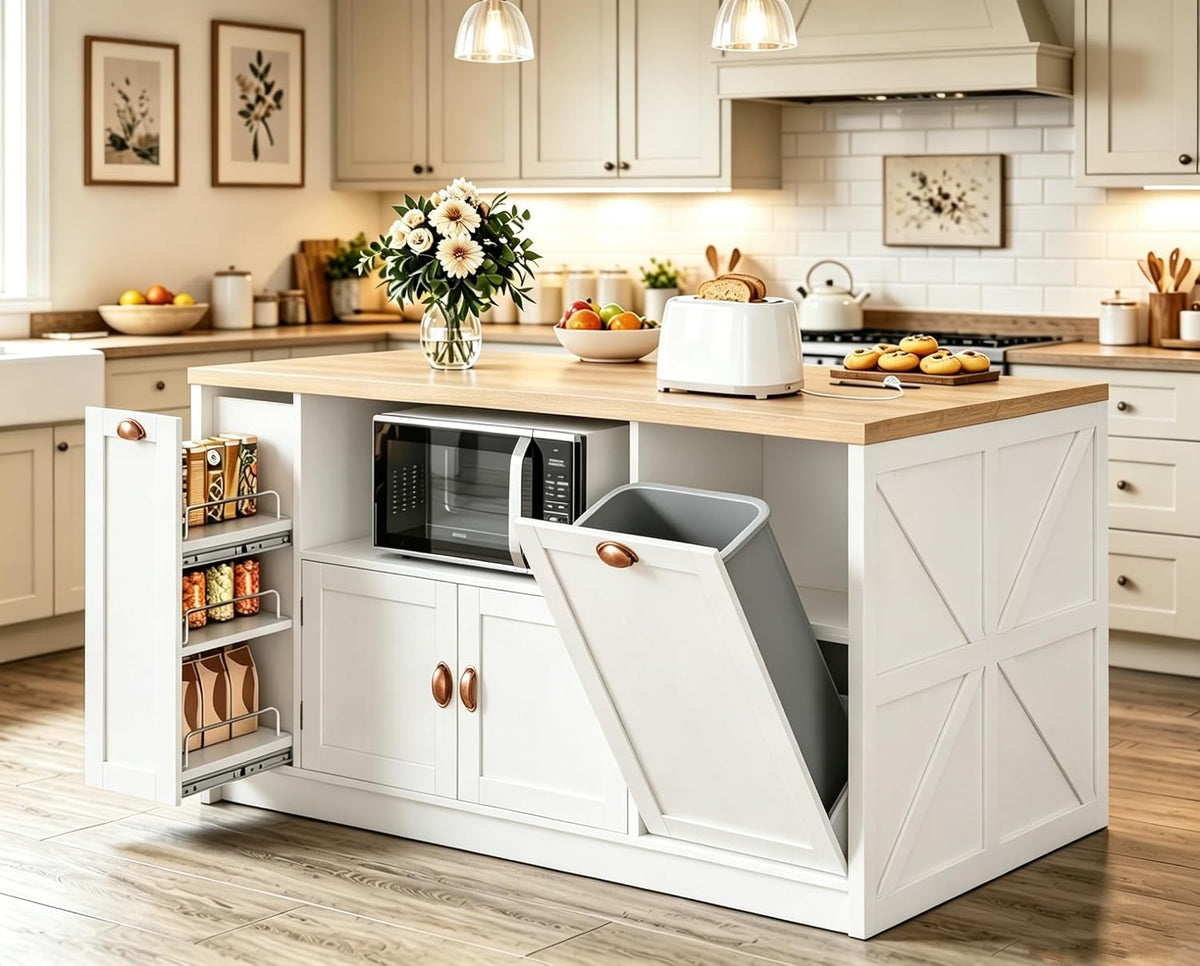 Large Kitchen Island, 63"L Island Table for Kitchen with Trash Bin | & Power Outlet, Farmhouse Kitchen Island on Wheels with Spice Rack & Microwave Cart Storage for Dining Room, Home Bar, White