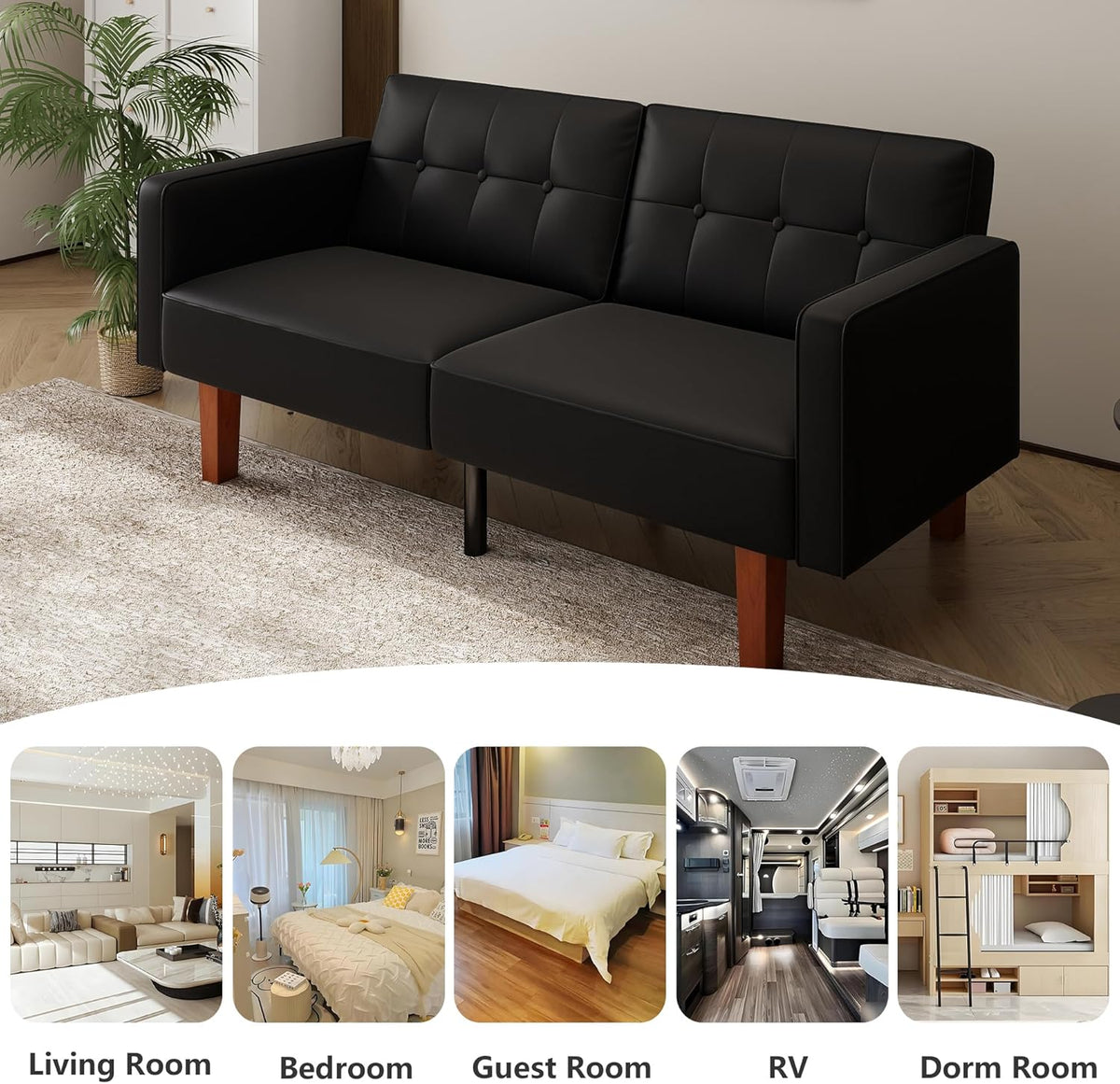 mikibama Convertible Futon Sofa Bed with Split Back,Mid Century Modern Sleeper Couch Beds,68.11" Futons for Living Room RV,Tufted Small Love Seat for 2 People Small Spaces (Black, 68.11")