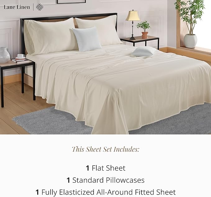 LANE LINEN 100% Cotton 600 TC Soft Twin Bedding Sheets & Pillowcases Set- Sateen Weave Fully Elasticized 15 inch Deep Pocket Twin Sheets, Hotely Like Think Natural Cooling Bedding- Ivory