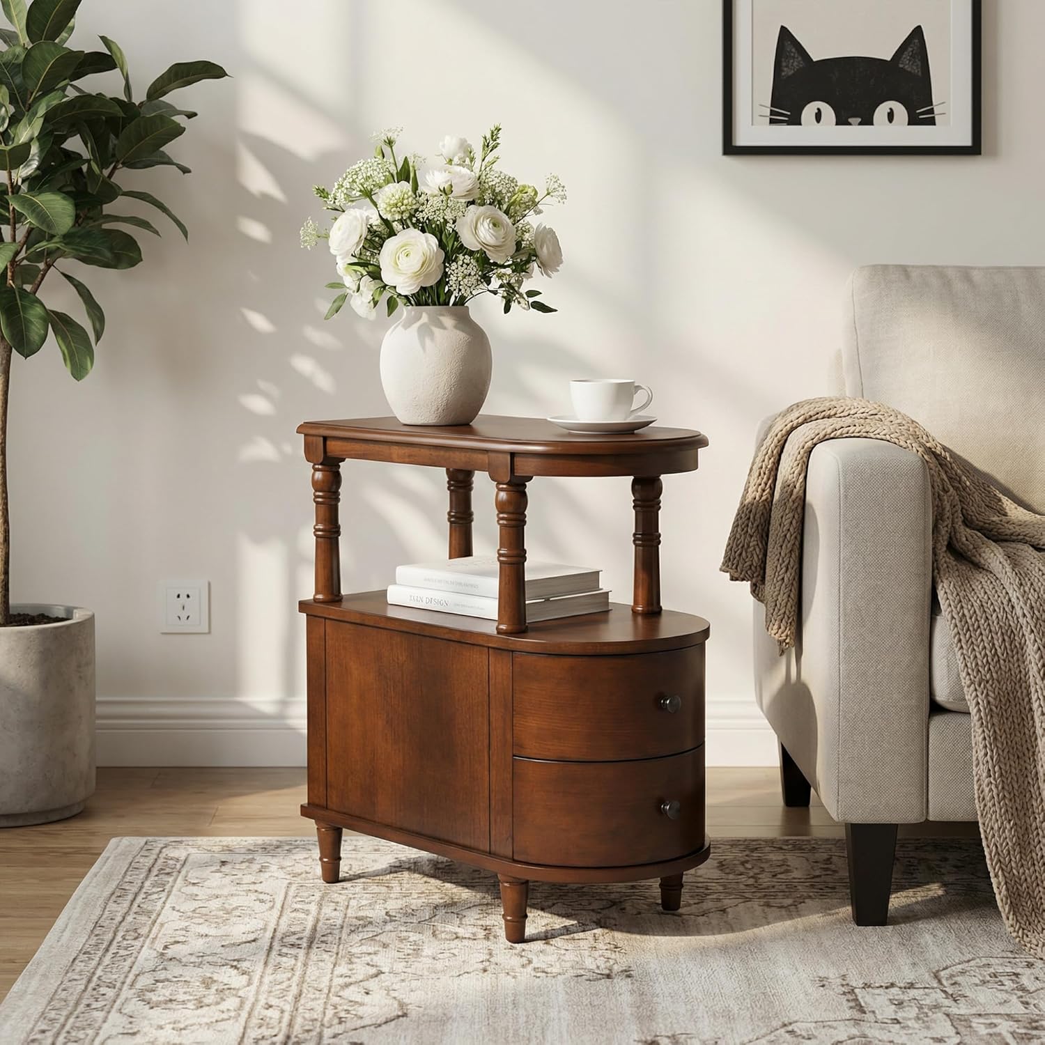 Narrow End Side Table With 2 Drawers and Storage Shelf, Slim Side Tables, Farmhouse Sofa Beside Table- for Small Spaces, Living Room Telephone Tables, Tools-free Assembly, Caramel Brown BG-A508-MG
