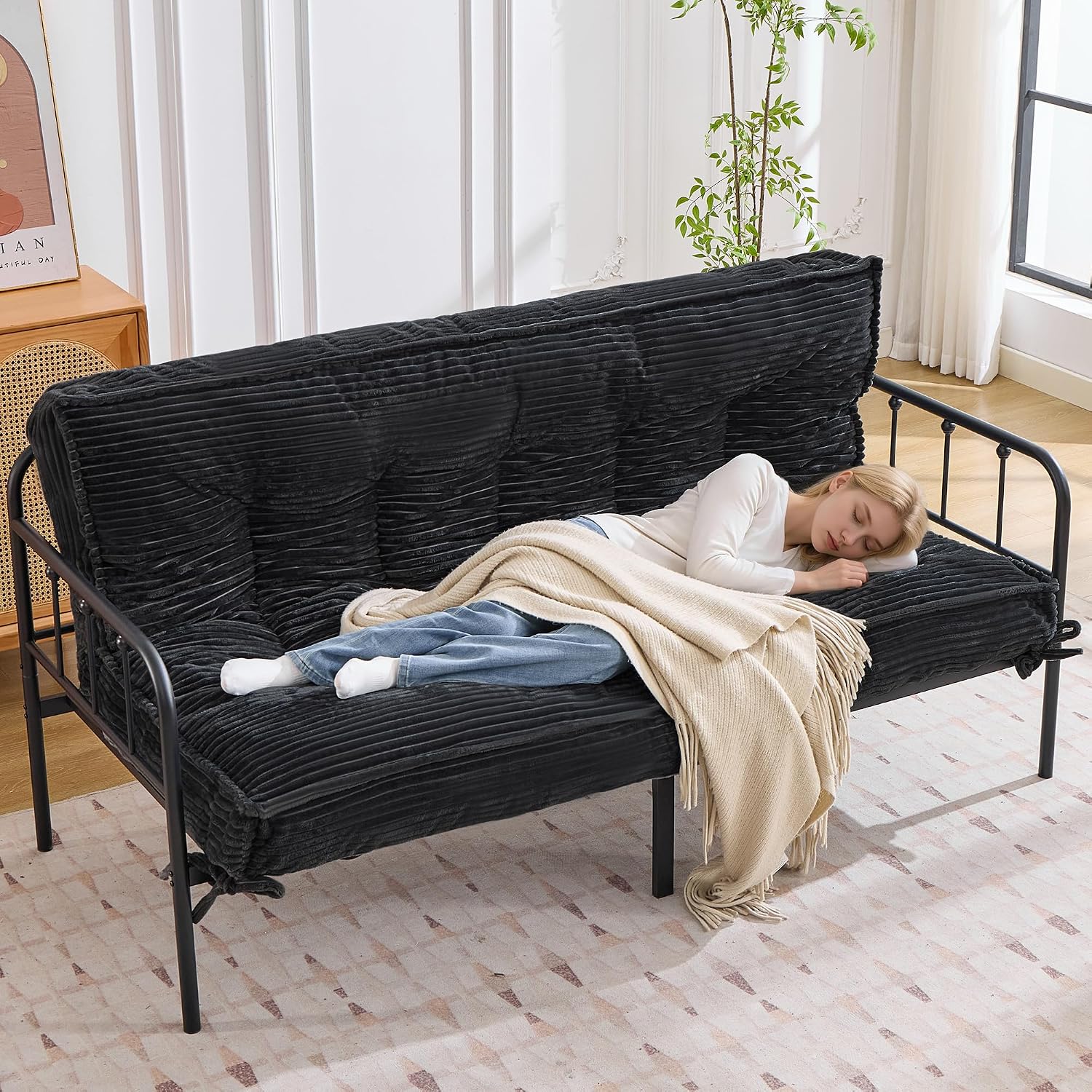 Futon Mattress Queen Size 8",Foldable Floor Mattress (Frame Not Included) | Futon Sofa Bed Thick High Density Shredded Foam,Medium Firm Japanese Style Sleeping Pad for Guest Bedroom Living,Black