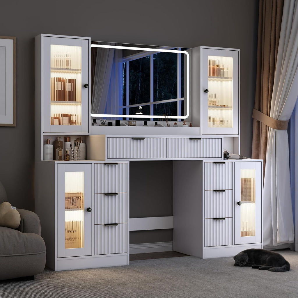 55" Vanity Desk with Mirror & Lights, Fluted Makeup Vanity with 8 Drawers & 4 Cabinets, Tempered Glass Top, RGB Cabinet Lighting, 3-Color Dimmable Mirror, and Charging Station