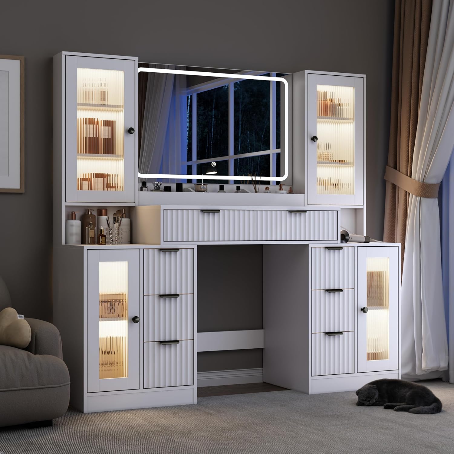 55" Vanity Desk with Mirror & Lights, Fluted Makeup Vanity with 8 Drawers & 4 Cabinets, Tempered Glass Top, RGB Cabinet Lighting, 3-Color Dimmable Mirror, and Charging Station