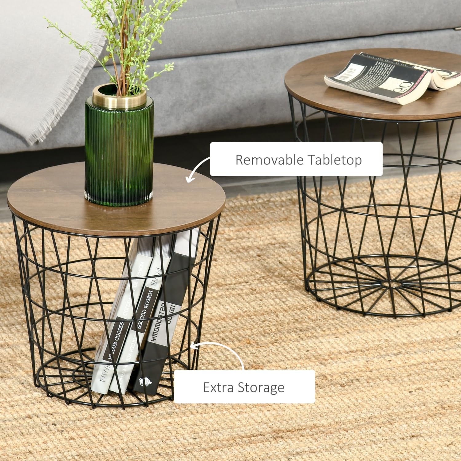 Nesting Tables Set of 2 with Storage, Round Accent Side Tables for Living Room and Bedroom