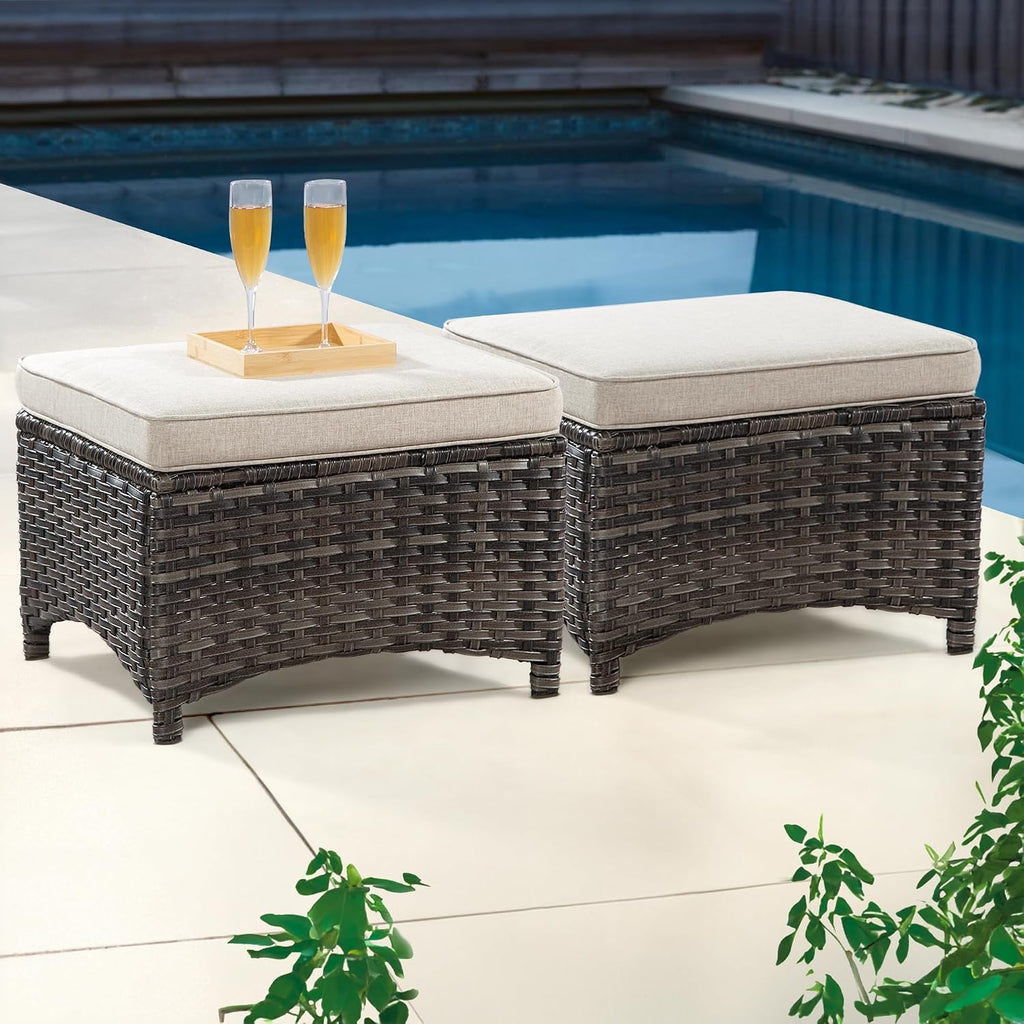 Outdoor Ottomans for Patio Set of 2 PE Wicker Steel Frame Outdoor Footstool with Removable Olefin Cushions for Patio, Backyard and Deck, Beige