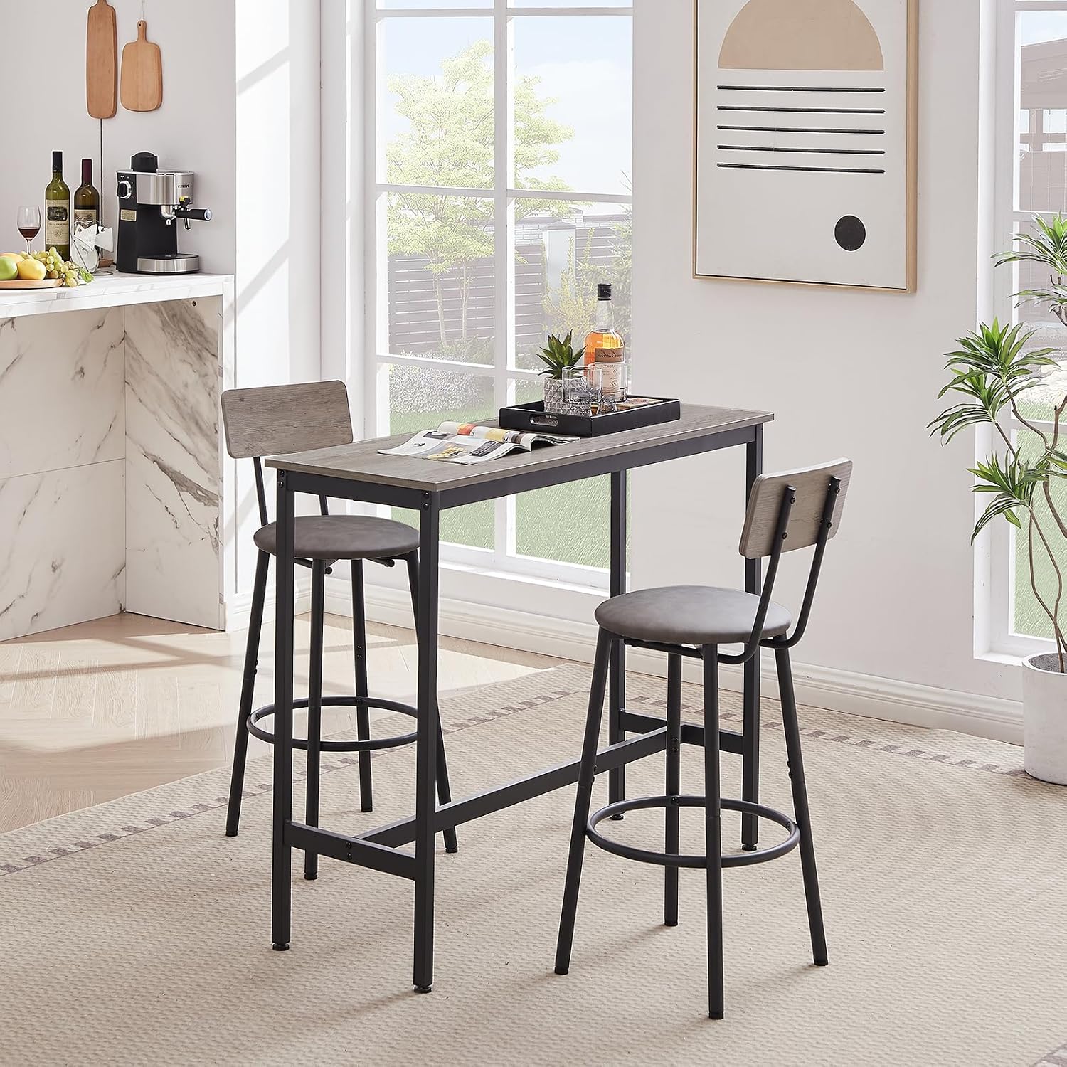 43.31" Bar Table Set for 2, Counter Height Dining Table with PU Upholstered Bar Stools and Backrests, Space-Saving Small Kitchen Table for Breakfast Nook,Grey