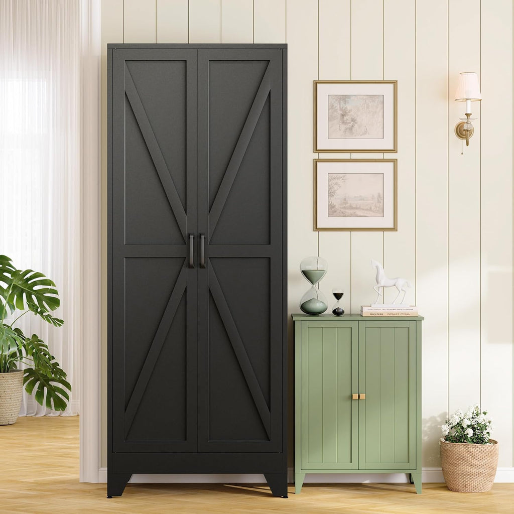 RAVIGIN Farmhouse Storage Cabinet,75" H Metal Pantry Cabinet with Barn Doors and Adjustable Shelves,75" H 6-Tier Rustic Pantry Organizers for Kitchen,Dining Room,Black