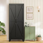RAVIGIN Farmhouse Storage Cabinet,75" H Metal Pantry Cabinet with Barn Doors and Adjustable Shelves,75" H 6-Tier Rustic Pantry Organizers for Kitchen,Dining Room,Black