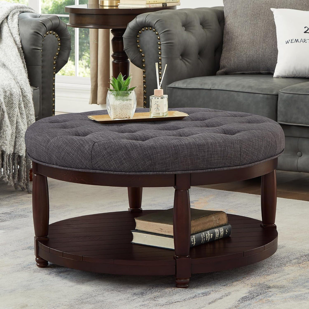 RENSGO 32.5" Large Round Upholstered Tufted Linen Ottoman Coffee Table, Large Footrest Ottoman with Wood Shelf Storage- Dark Grey