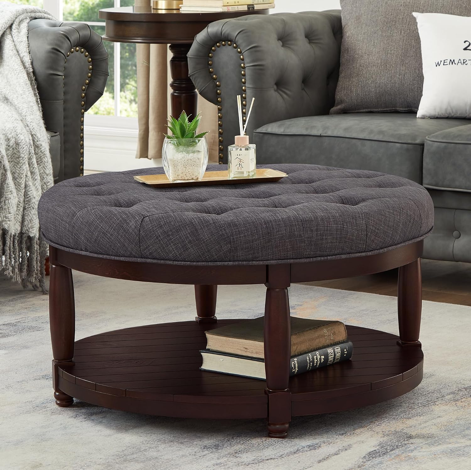 RENSGO 32.5" Large Round Upholstered Tufted Linen Ottoman Coffee Table, Large Footrest Ottoman with Wood Shelf Storage- Dark Grey