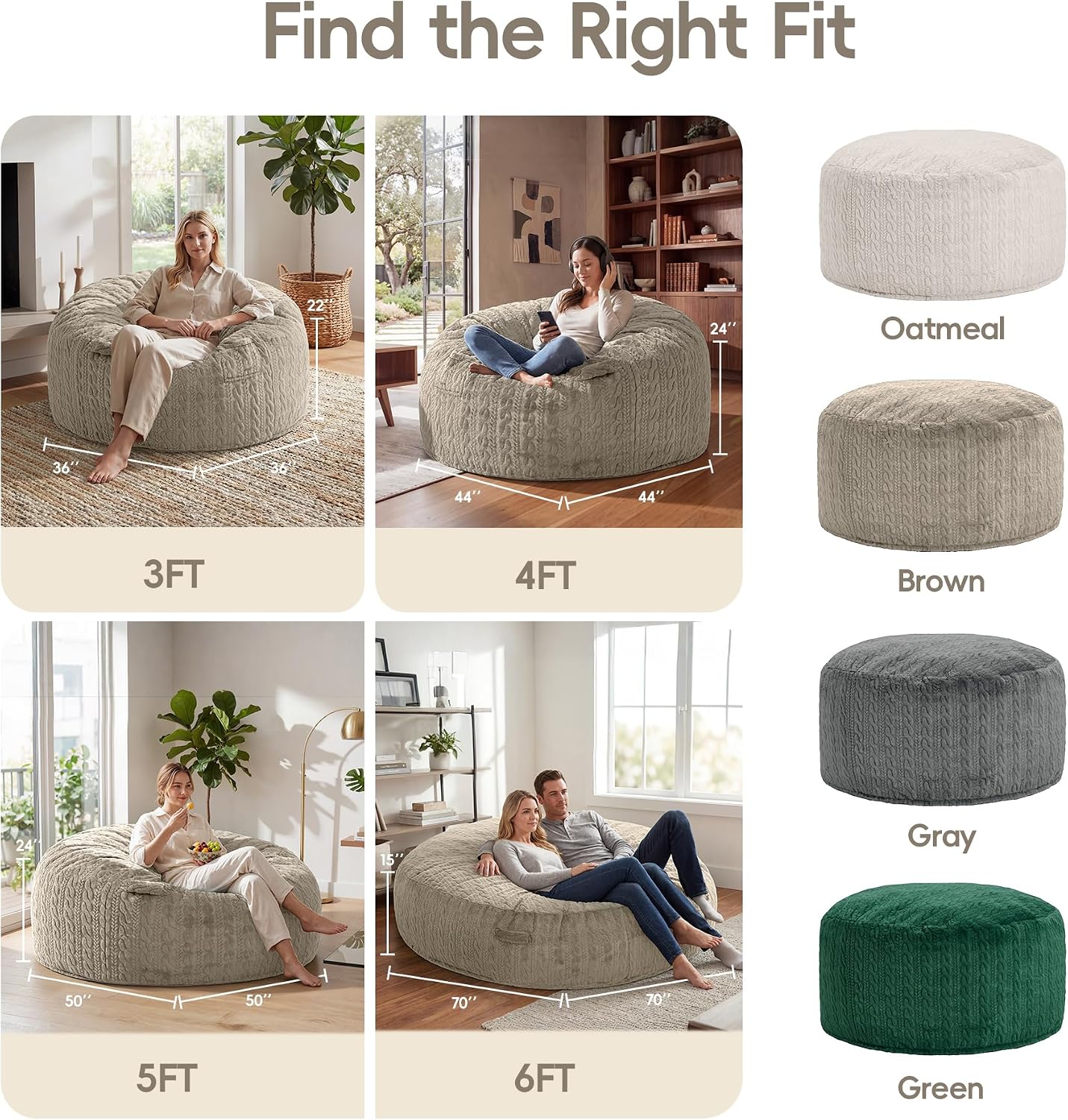 Large Bean Bag Chairs 3FT Big Adults BeanBag Chairs with Filler Memory Foam | Luxurious Braided Fabric,Washable Removable Cover,Comfy Bean Bag with Filling Lounging Gaming Bedroom Dorm Room | Brown 3FT