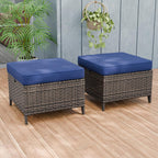 Canyon Ridge Wicker Outdoor Ottomans Set of 2, Patio Ottoman Foot Rest for Couch with Removable Cushions for Patio, Deck, Backyard and Poolside, Brown/Blue