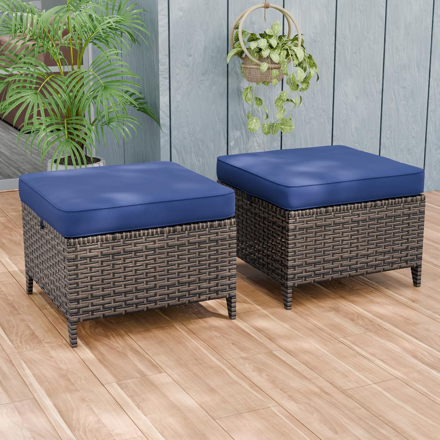 Canyon Ridge Wicker Outdoor Ottomans Set of 2, Patio Ottoman Foot Rest for Couch with Removable Cushions for Patio, Deck, Backyard and Poolside, Brown/Blue