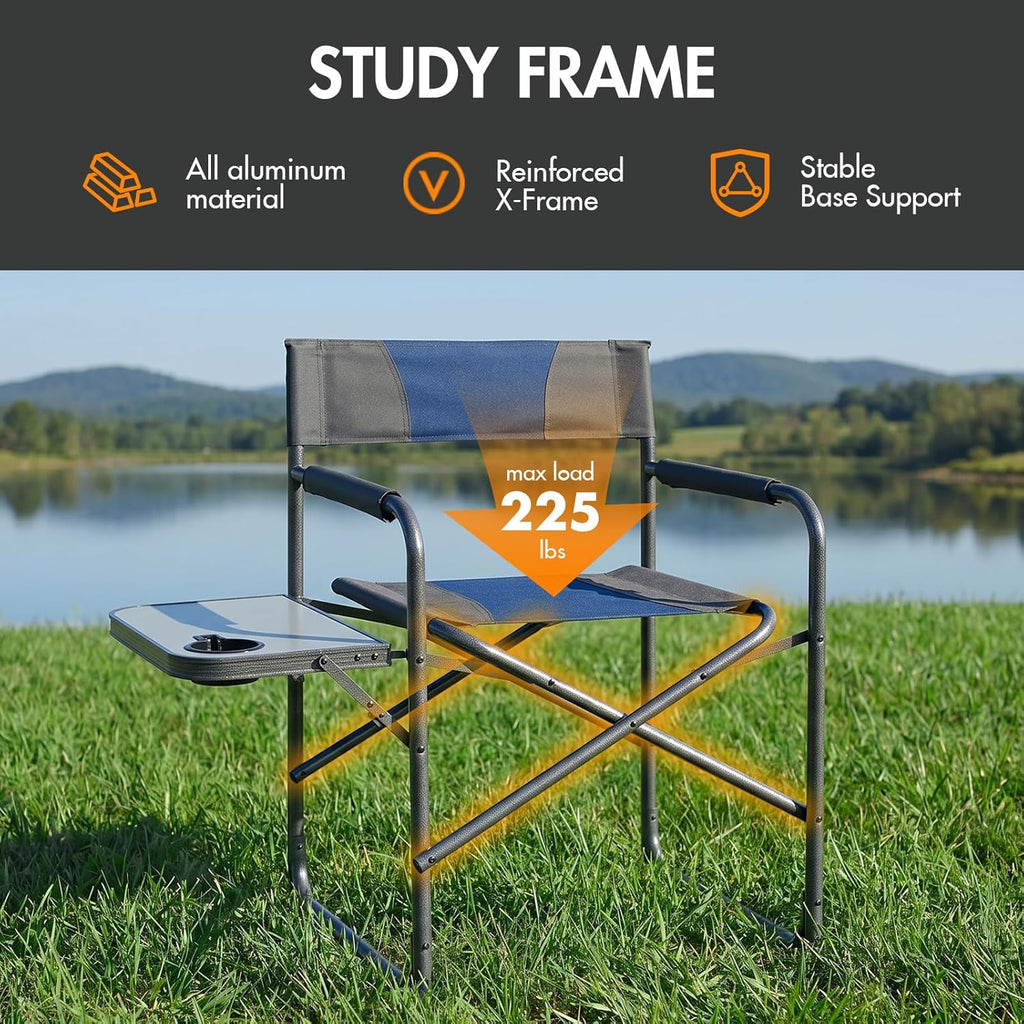 Portal Directors Chair for Adults with Side Table, Folding Camping Chairs Heavy Duty 225LBS, Portable Lawn Chairs with Cup Holder for Outdoor, Beach, Travel, Blue/Grey