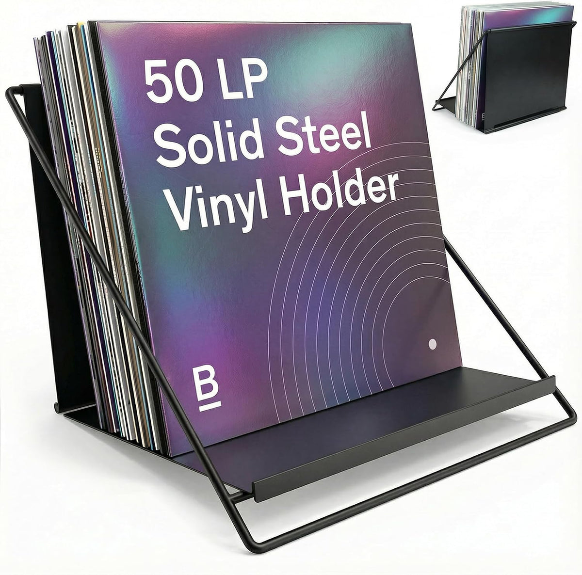 Boundless Audio Vinyl Record Storage Rack - Record Holder for 50 LPs, Black | Solid Steel Powder-Coated Finish - Patented Fold-Flat Frame - Minimalist Now Playing Album Display Stand & Crate Alternative