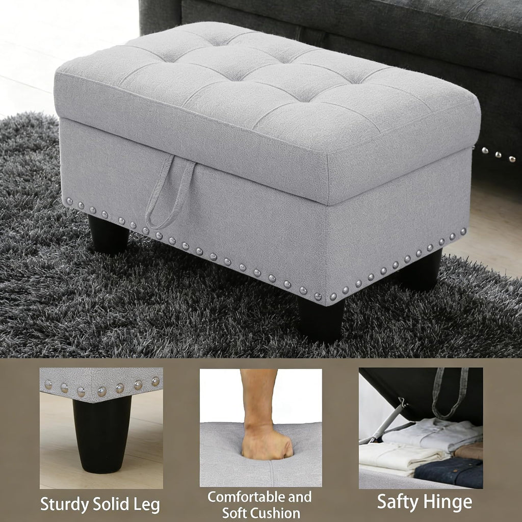 Ottoman with Storage for Living Room, 28.5'' Linen Living Room Ottomans Foot Rest, Upholstered Entryway Bench, End of Bed Storage Bench, Small Ottoman Foot Stool, Tufted Coffee Table, For Bedroom