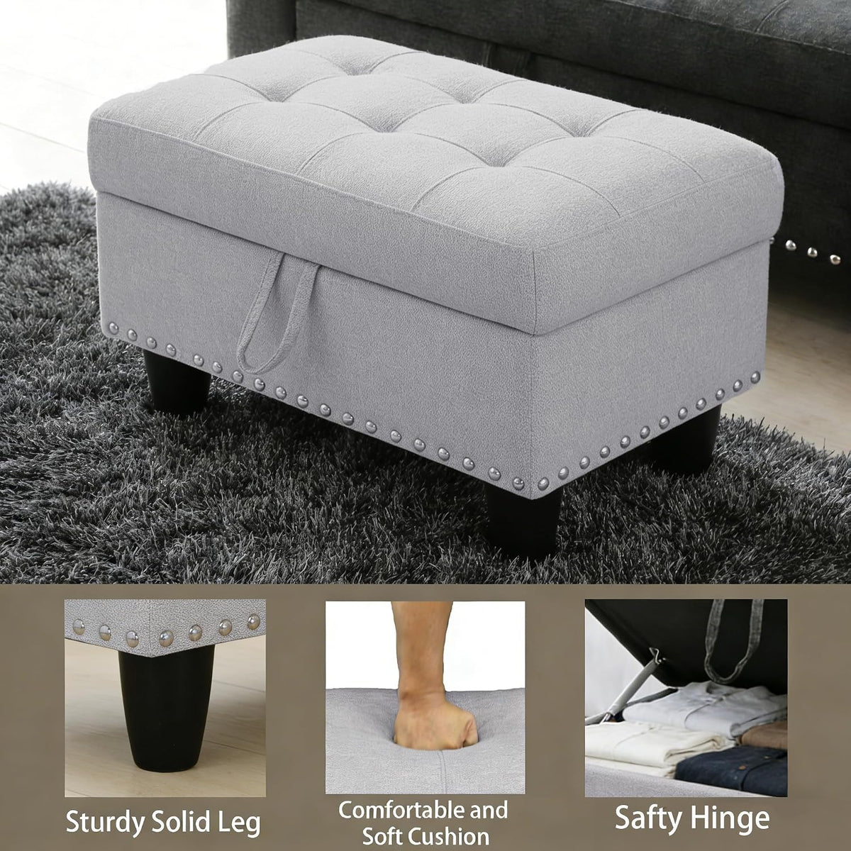 Ottoman with Storage for Living Room, 28.5'' Linen Living Room Ottomans Foot Rest, Upholstered Entryway Bench, End of Bed Storage Bench, Small Ottoman Foot Stool, Tufted Coffee Table, For Bedroom